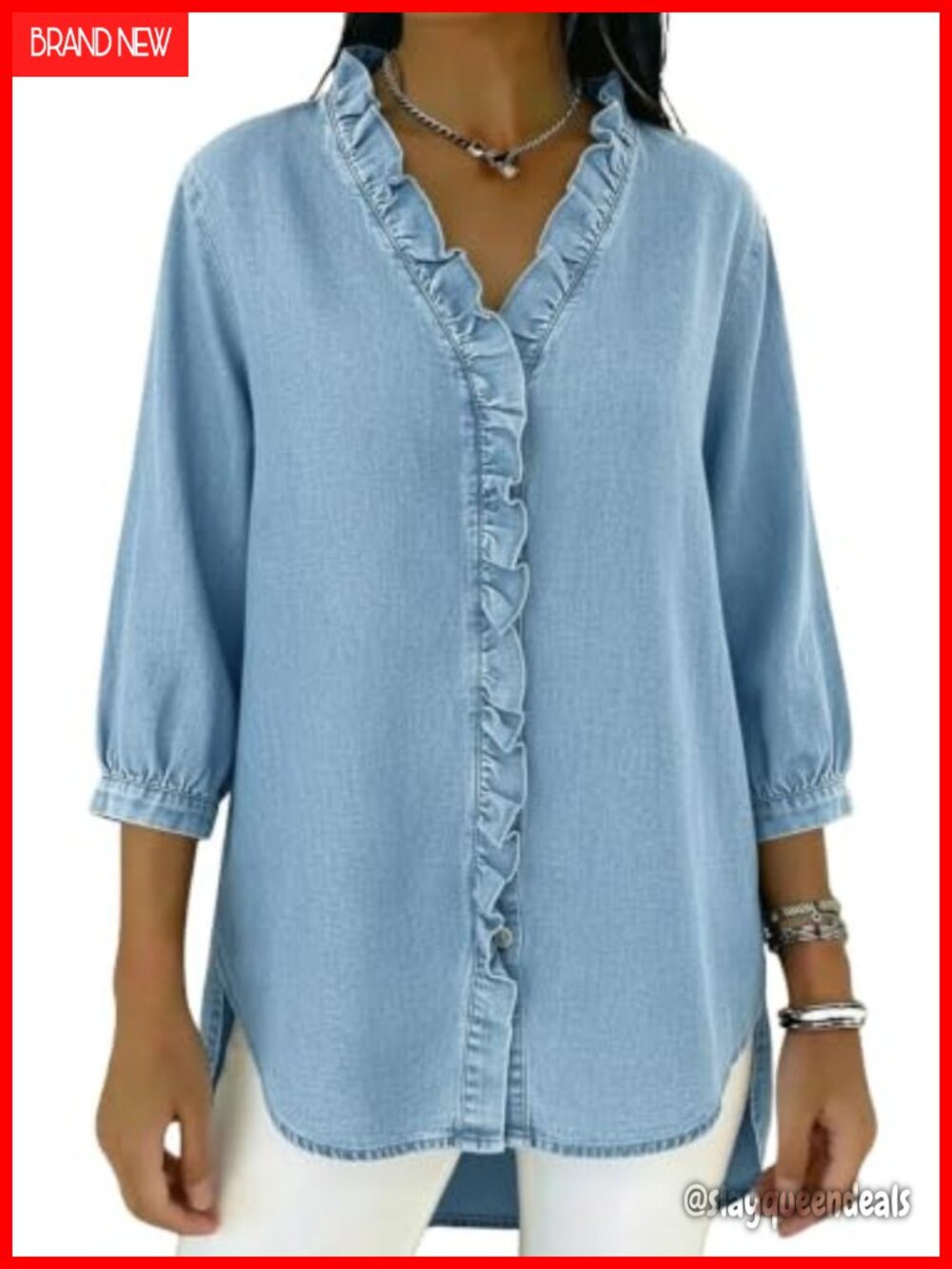 Ruffle Button Down Denim Shirt V Neck 3/4 Sleeve Cowgirl Blouse